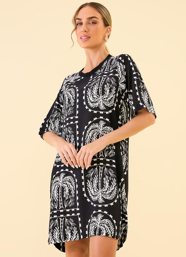 Vestido Curto Viscose Estampada Preto