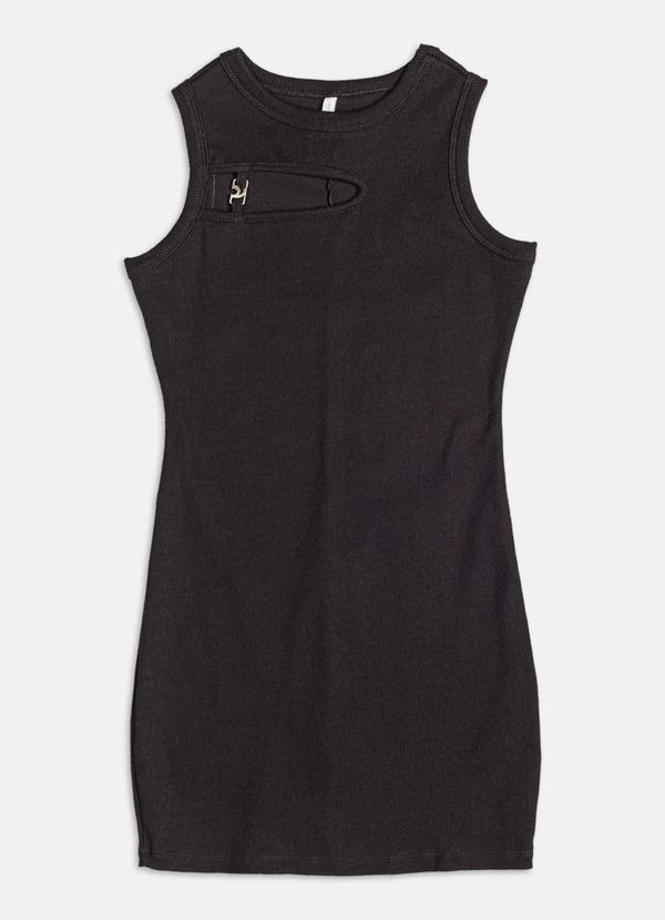 Vestido de Ribana com Passante de Metal Preto