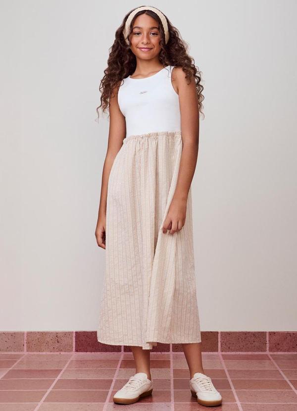 Vestido de Tecido Listrado Bege