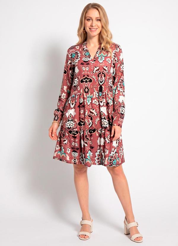 Vestido Decote V Floral Étnico Bordô