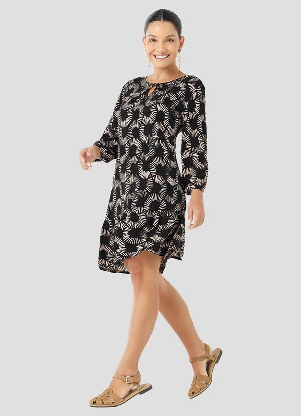 Vestido em Tecido Plano Viscose Estampa Preto