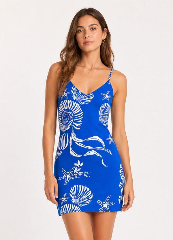 Vestido Estampado Decote em V Azul