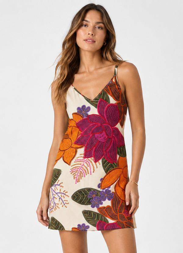 Vestido Estampado Decote em V Bege