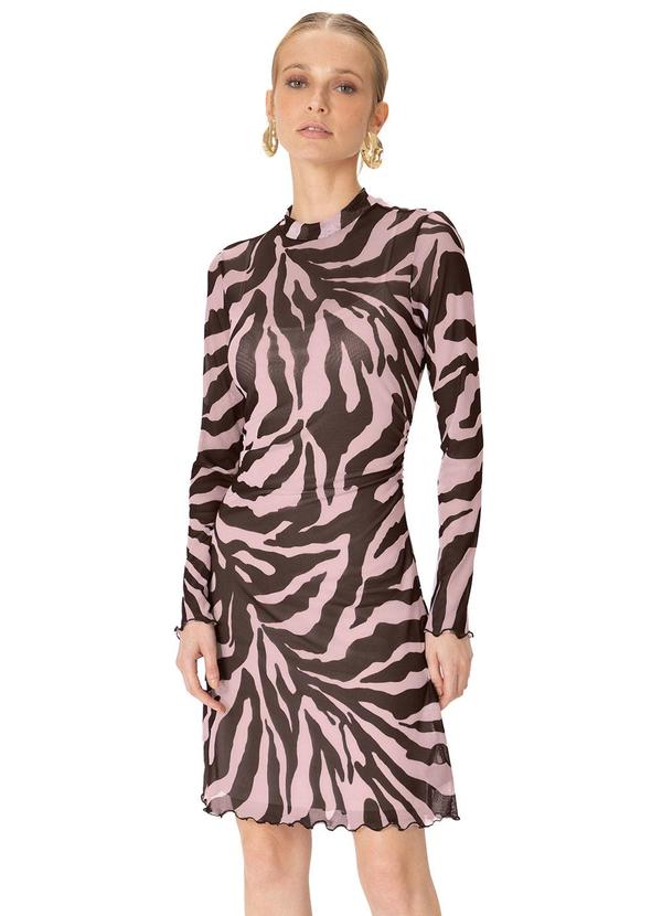 Vestido Evasê Animal Print em Tule Rosa