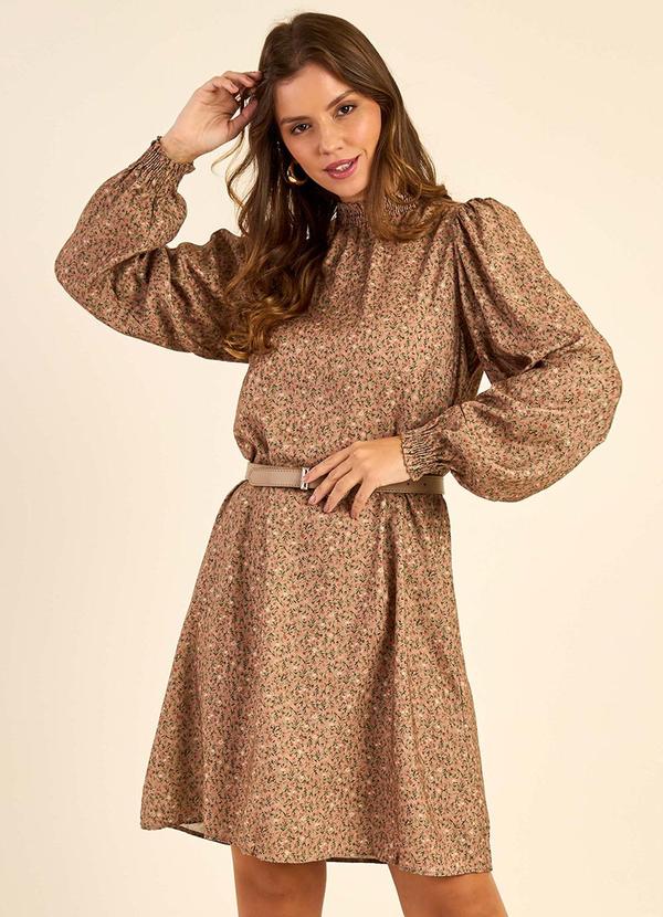 Vestido Feminino Manga Longa Floral Marrom