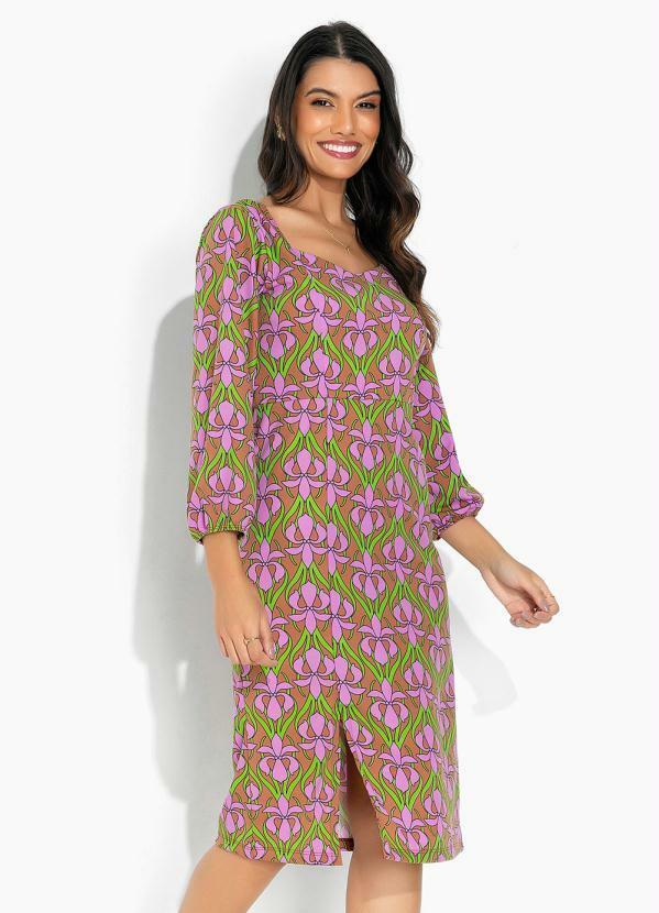 Vestido Flora Retrô Roxo com Recortes e Fenda