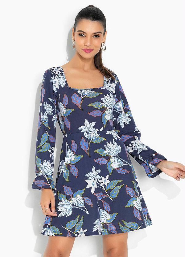Vestido Floral Azul com Decote Quadrado