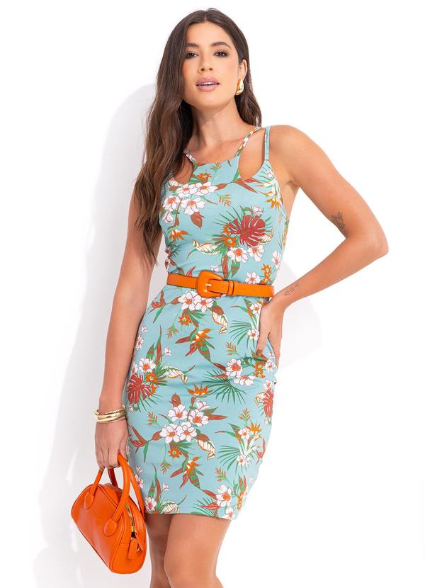 Vestido Floral Azul em Malha de Poliéster