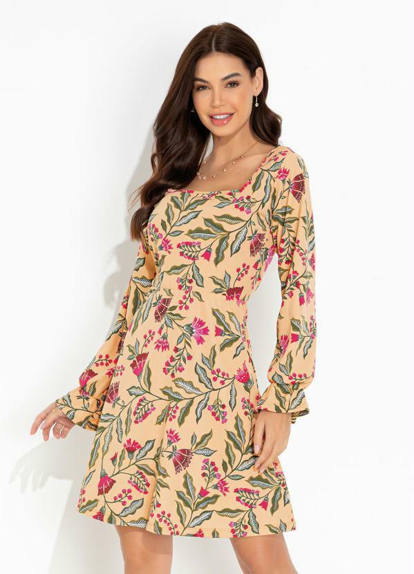 Vestido Floral Bege com Decote Quadrado