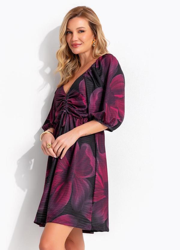 Vestido Floral Bordô em Malha Texturizada