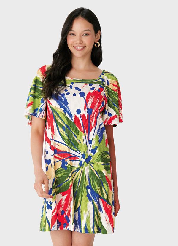Vestido Floral Evasê Canelado Verde