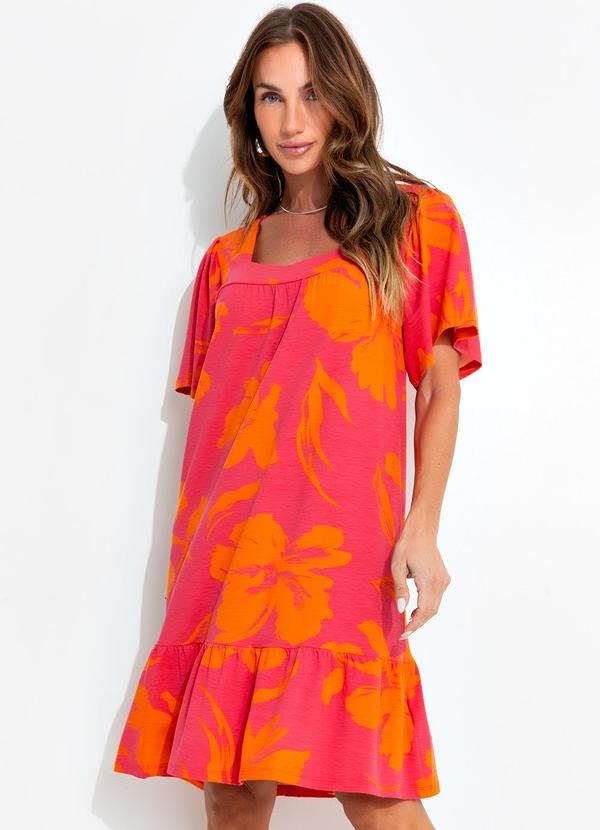 Vestido Floral Laranja em Malha de Viscose