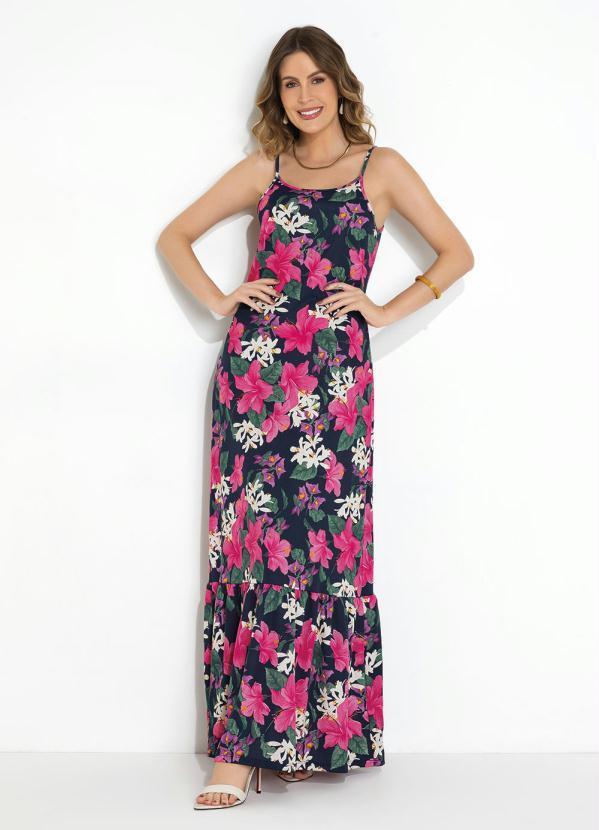 Vestido Floral Marinho com Babado na Barra