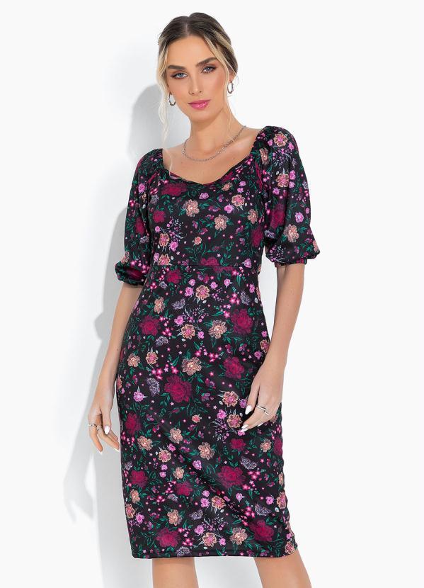 Vestido Floral Preto com Decote V