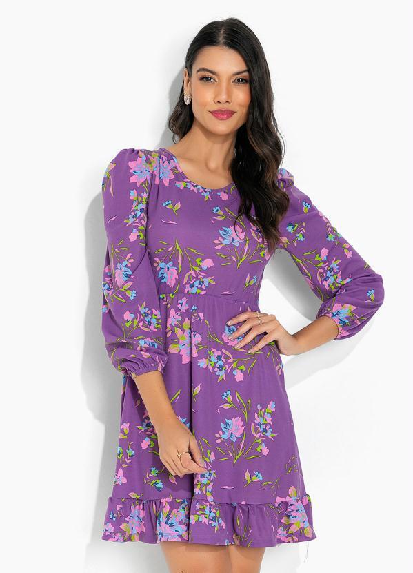 Vista 2 Vestido Floral Roxo com Babado e Decote Redondo Moda Pop Moda Pop