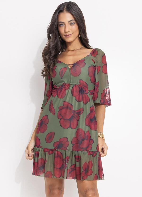 Vestido Curto em Tule Floral com Manga Bufante e Decote V