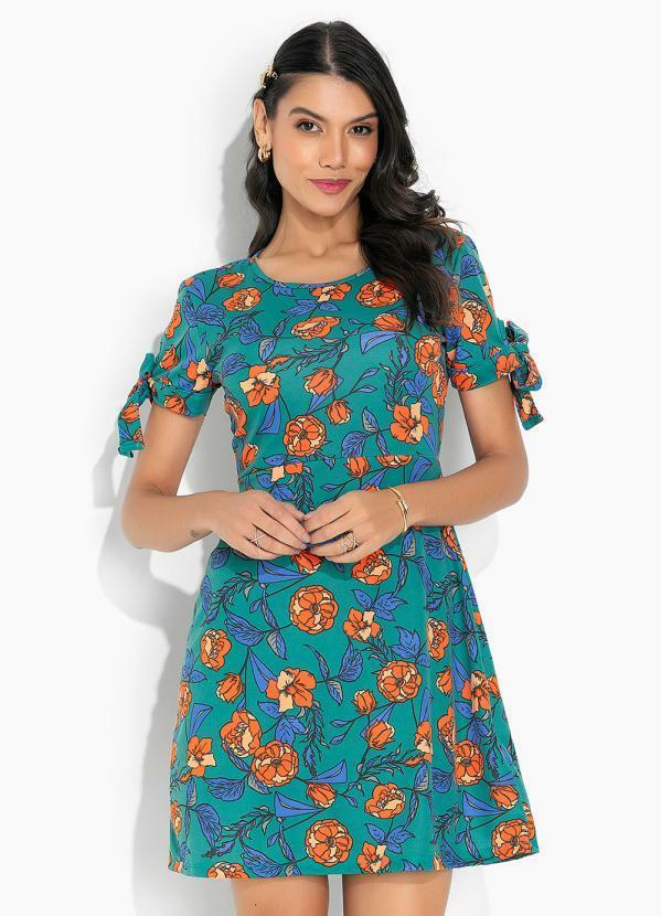 Vista 2 Vestido Floral Verde com Amarração nas Mangas Moda Pop Moda Pop