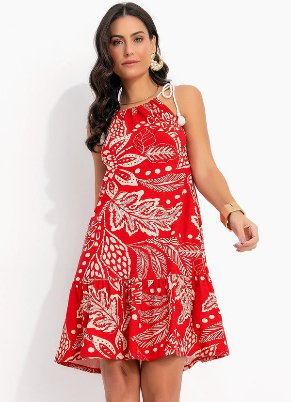 Vestido Floral Vermelho em Malha de Viscose