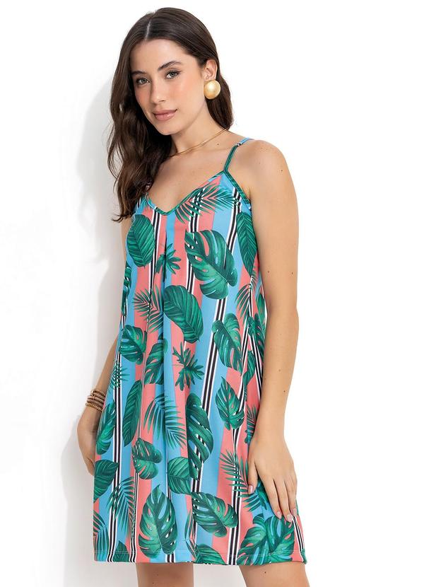 Vestido Folhagem e Listrado com Prega e Alças