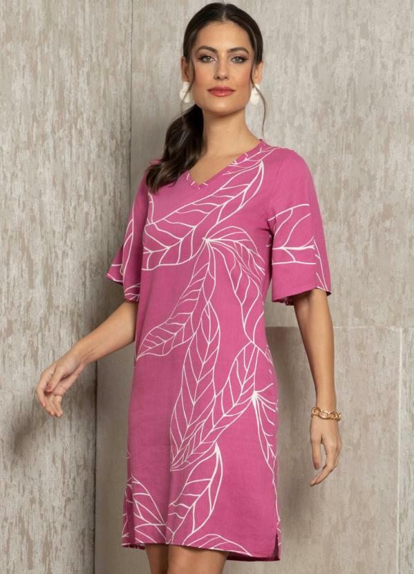 Vestido Folhagem Rosa com Bolsos