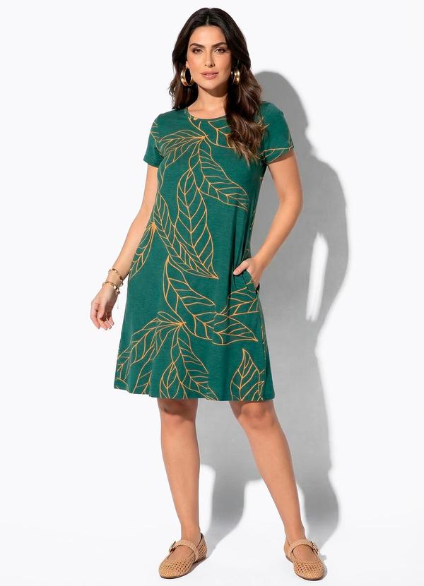 Vestido Folhagem Verde com Bolsos