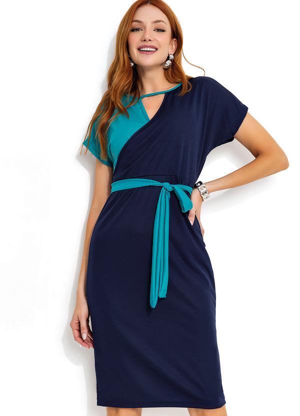 Vestido Jade e Marinho com Transpasse e Faixa