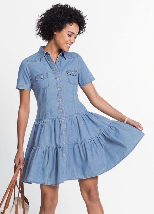Vestido Jeans com Babados Azul Claro