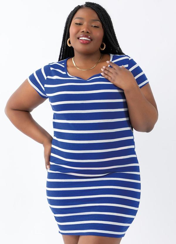 Vestido Listrado Azul com Mangas Curtas
