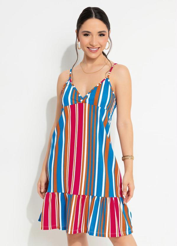 Vestido Listrado Azul com Transpasse no Decote
