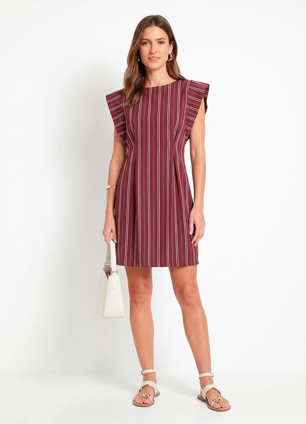 Vestido Curto Bordô Risca de Giz em Alfaiataria com Babado nos Ombros
