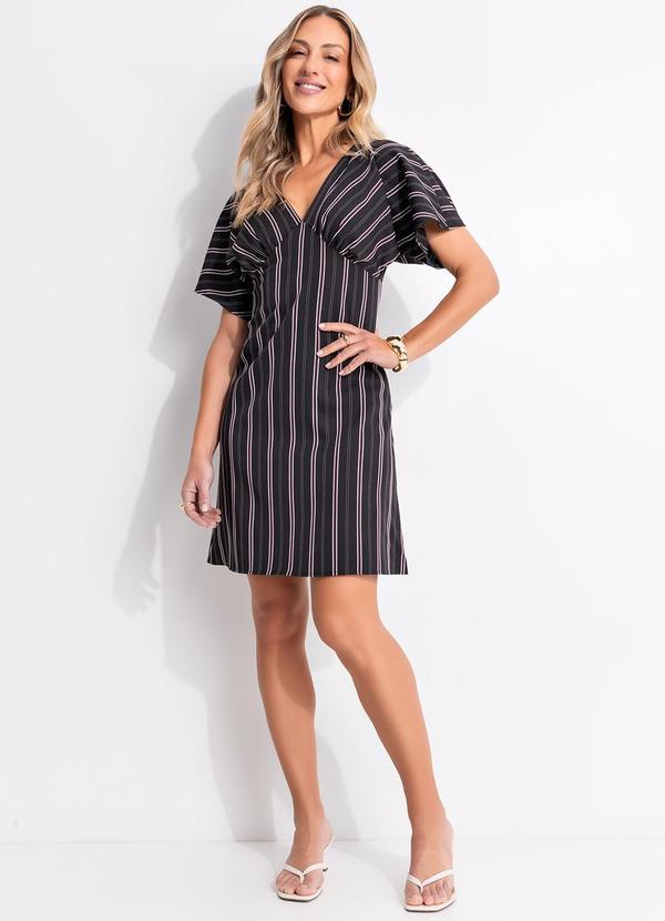 Vestido Listrado Preto em Poliéster com Elastano