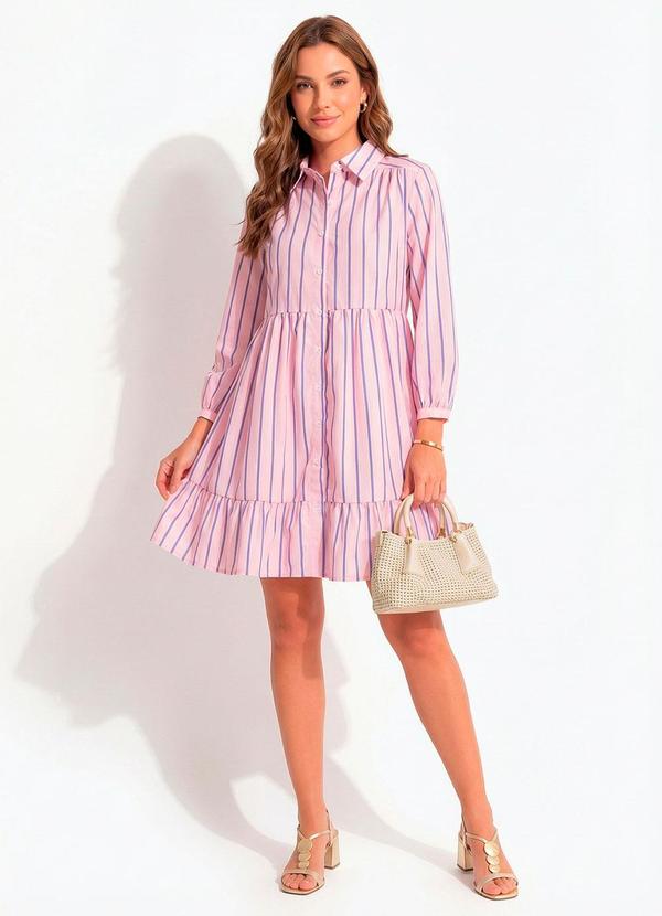 Vestido Listrado Rosa em Poliéster