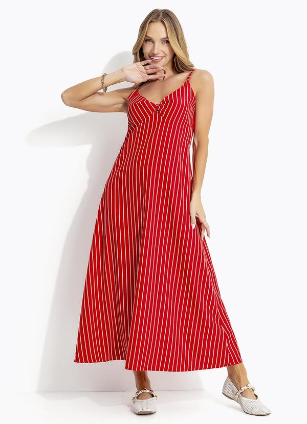 Vestido Listrado Vermelho em Tecido de Poliéster