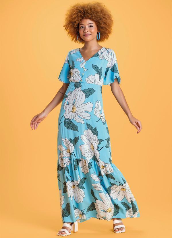 Vestido Longo Estampado Flores Azul