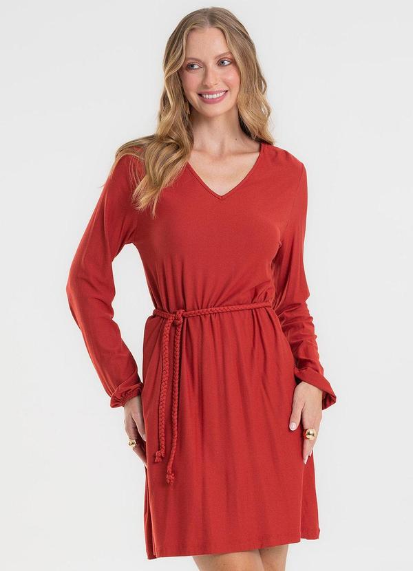 Vestido Manga Longa com Cinto Laranja