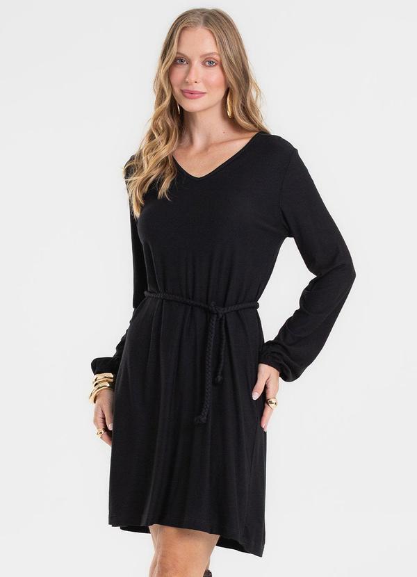 Vestido Manga Longa com Cinto Preto
