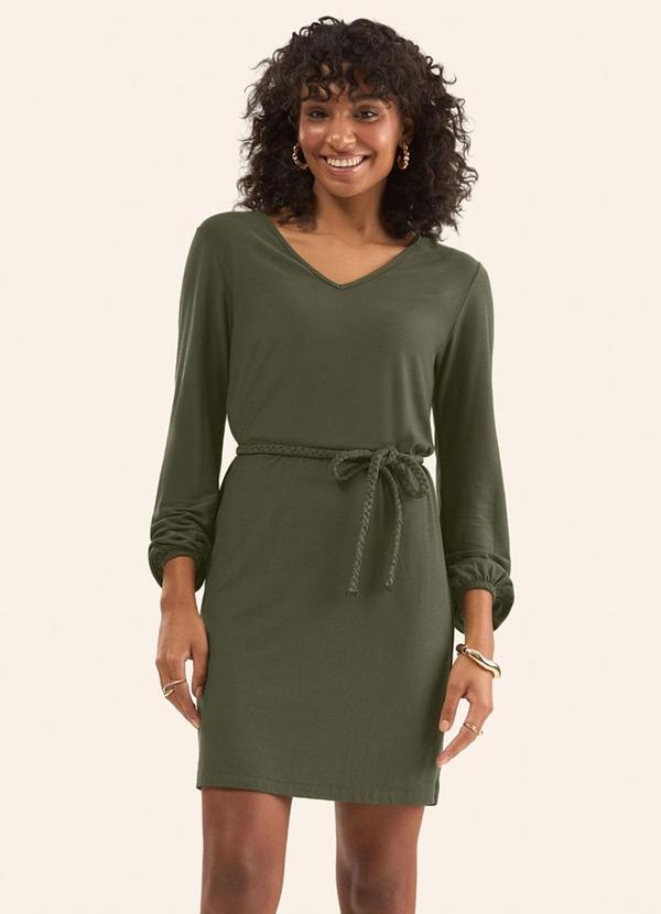 Vestido Manga Longa com Cinto Verde