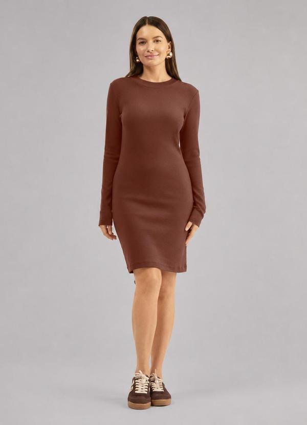 Vestido Manga Longa Ribana Básico Marrom