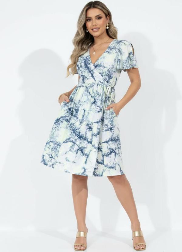 Vestido Mármore Azul Transpassado Mangas Curtas