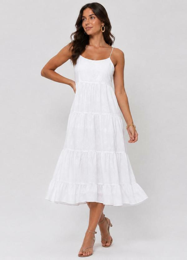 Vestido Midi Feminino de Alça com Bordado Branco
