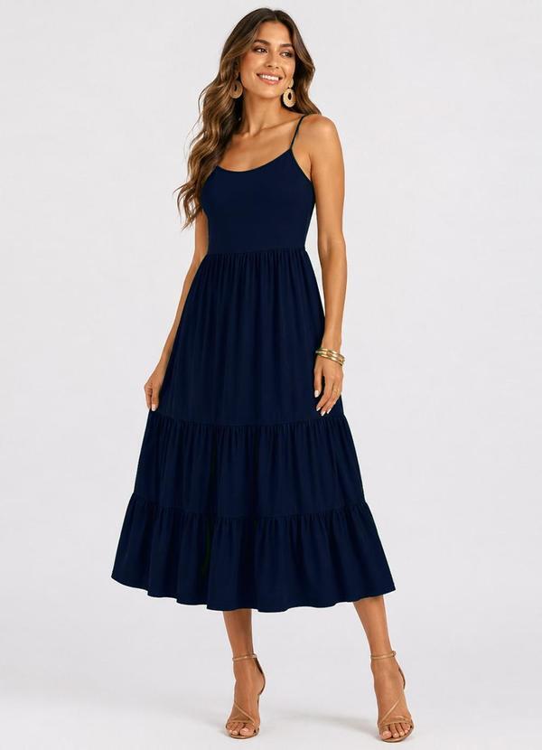 Vestido Midi Feminino de Alça em Viscose Azul
