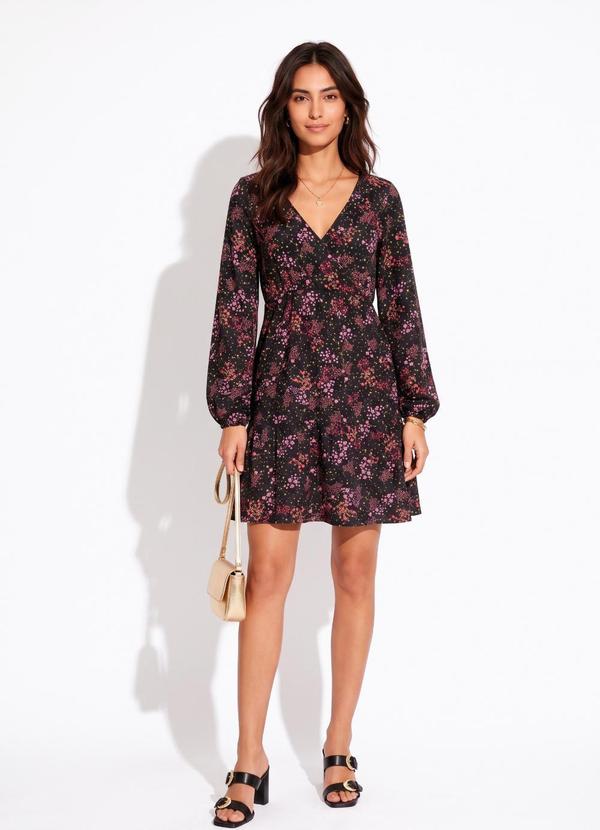 Vestido Mini Floral com Mangas Longas e Babados