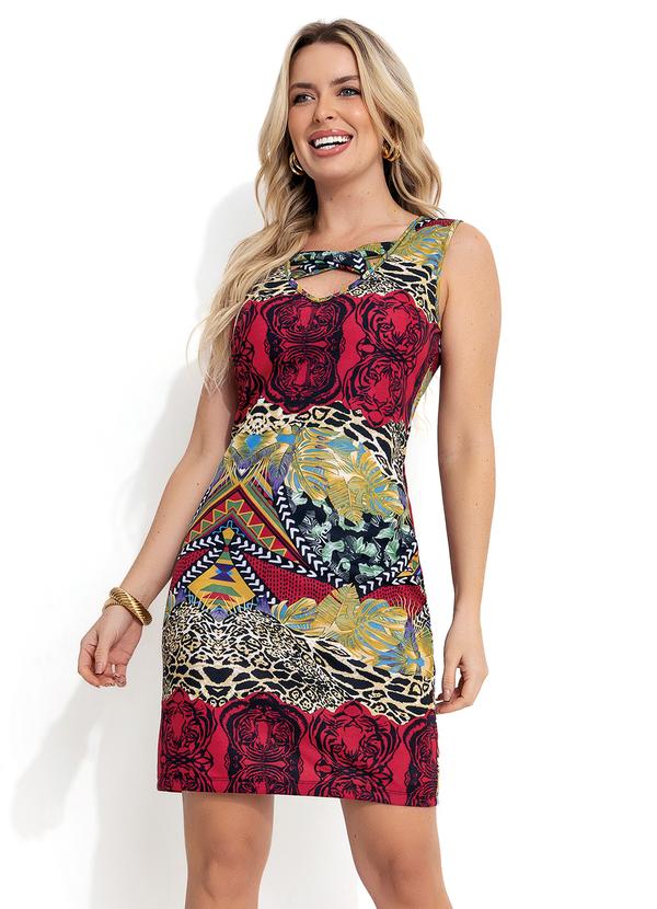 Vista 2 Vestido Mix Estampa Bordô com Faixa no Decote Moda Pop Moda Pop