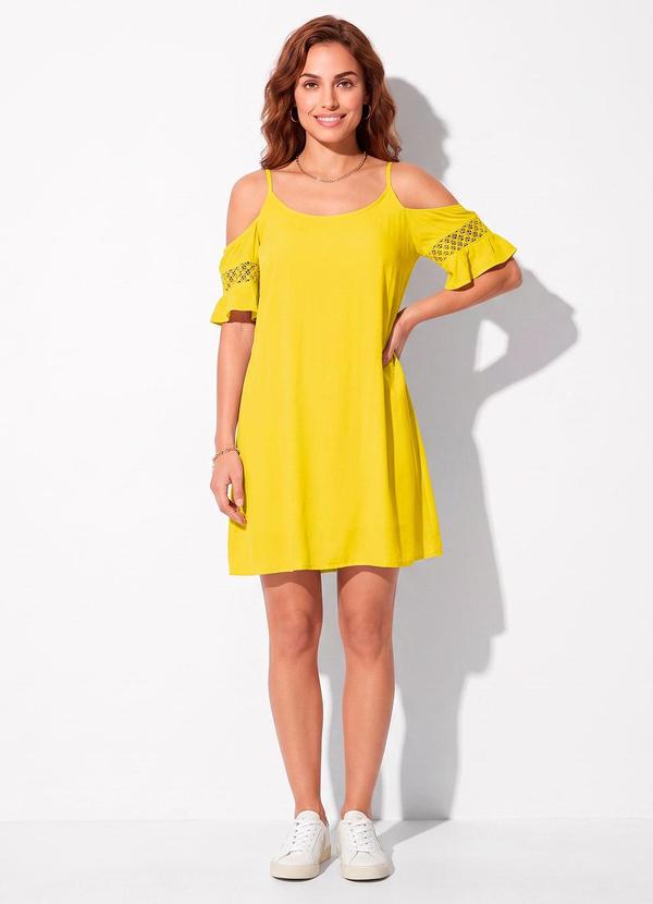 Vestido Ombros Vazados com Renda Amarelo