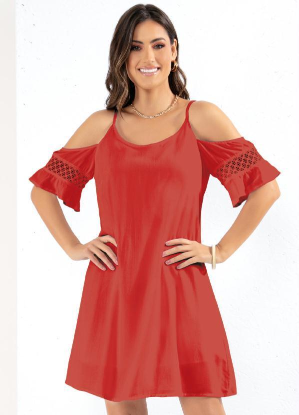 Vestido Ombros Vazados com Renda Vermelho