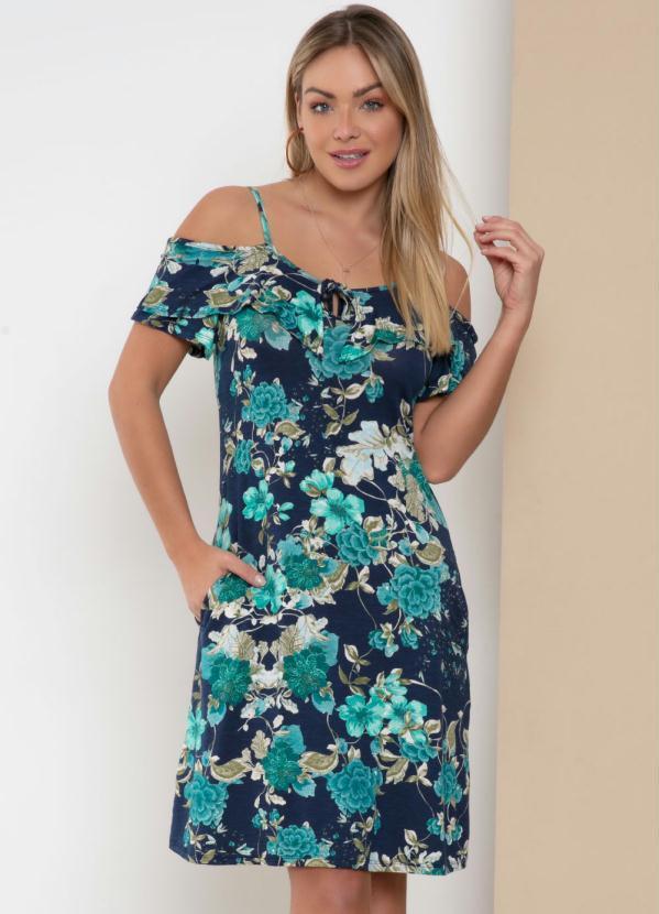 Vestido Ombros Vazados Floral Azul com Bolsos