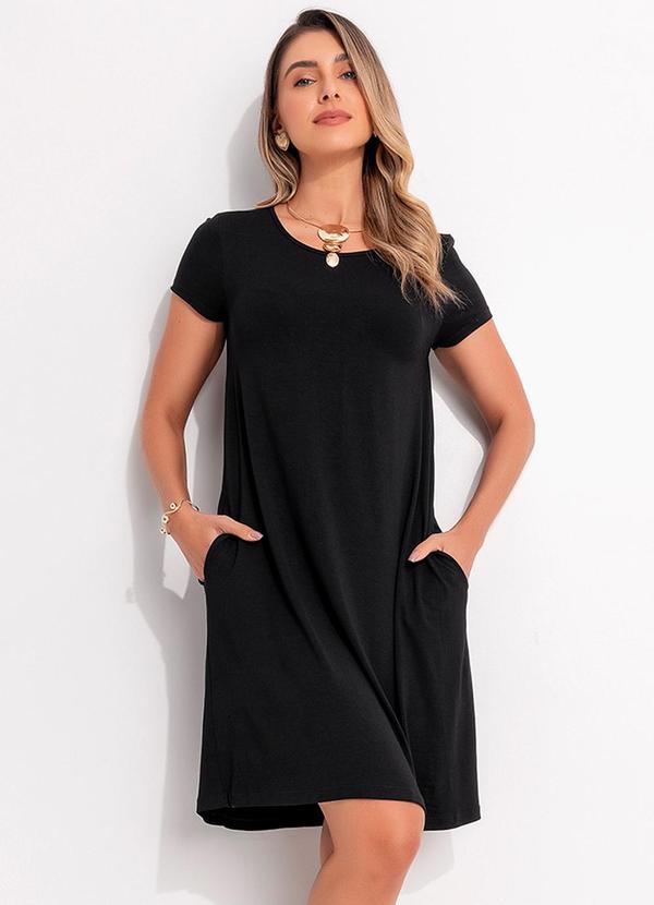 Vestido Preto com Bolsos e Mangas Curtas