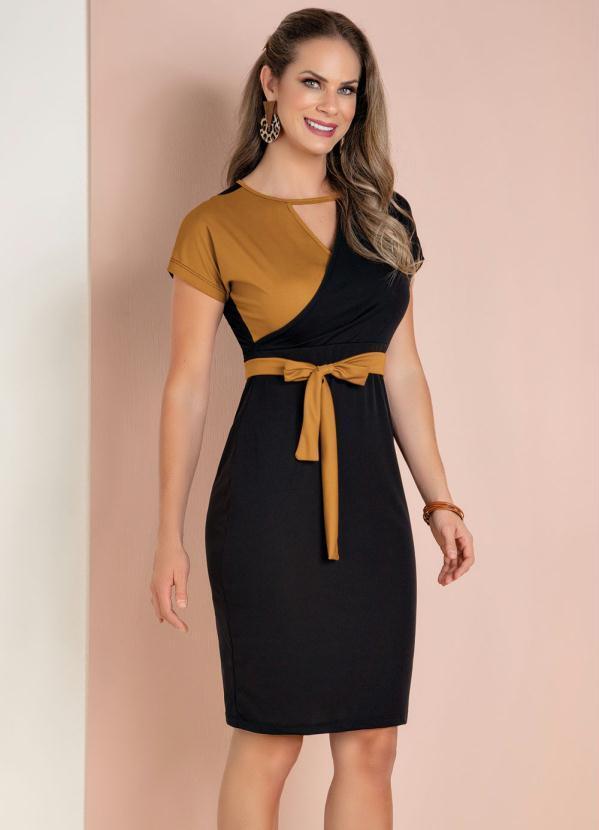 Vestido Preto e Caramelo com Transpasse e Faixa