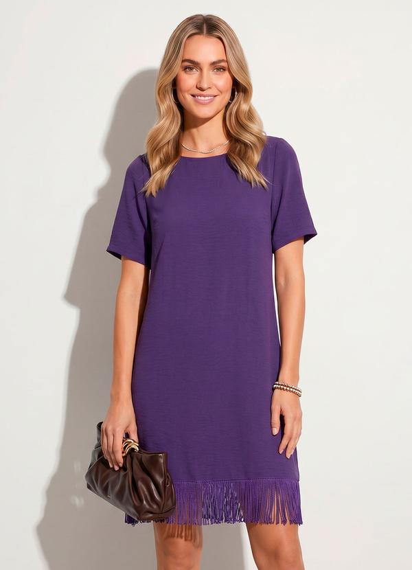Vestido Roxo em Crepe Plano com Franjas