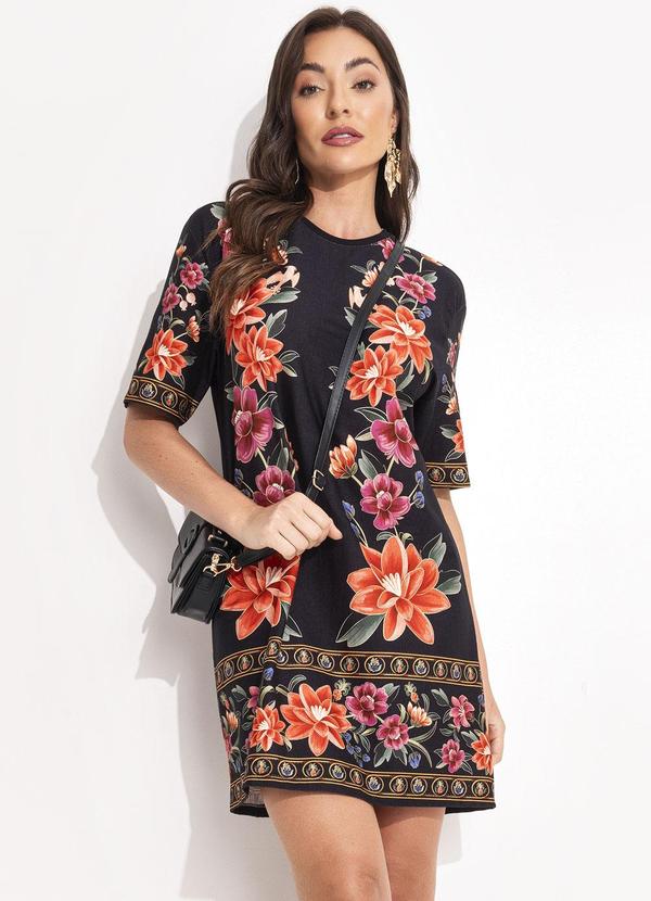 Vestido T-Shirt Basico Floral Belle Preto